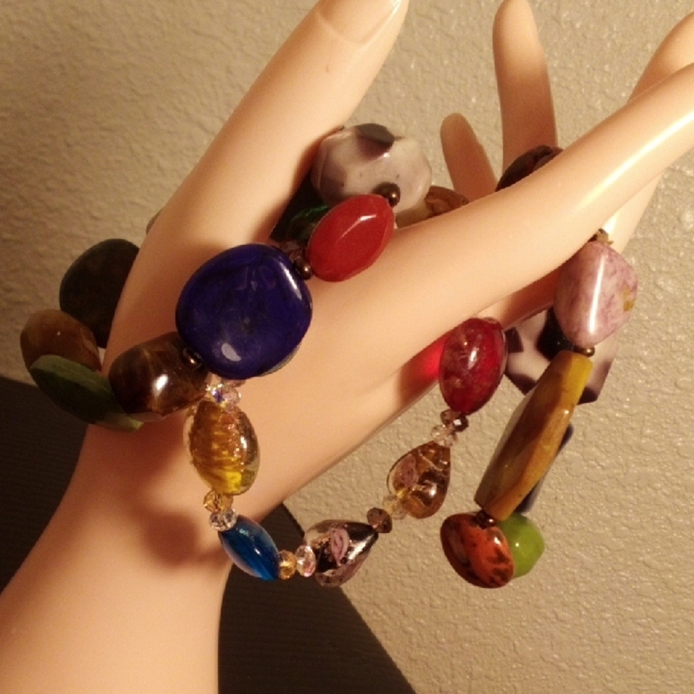 Multicolor Beaded Stretch Bracelet Set - Vibrant Mixed Stone Look - Picture 3 of 5